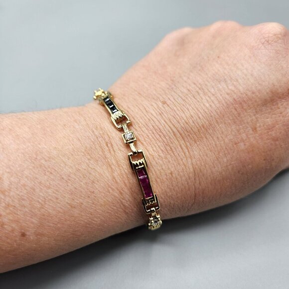 Gemstone Rectangle Link Bracelet Sterling Silver 925 7.5" Pink Green Gold Tone - Picture 12 of 12